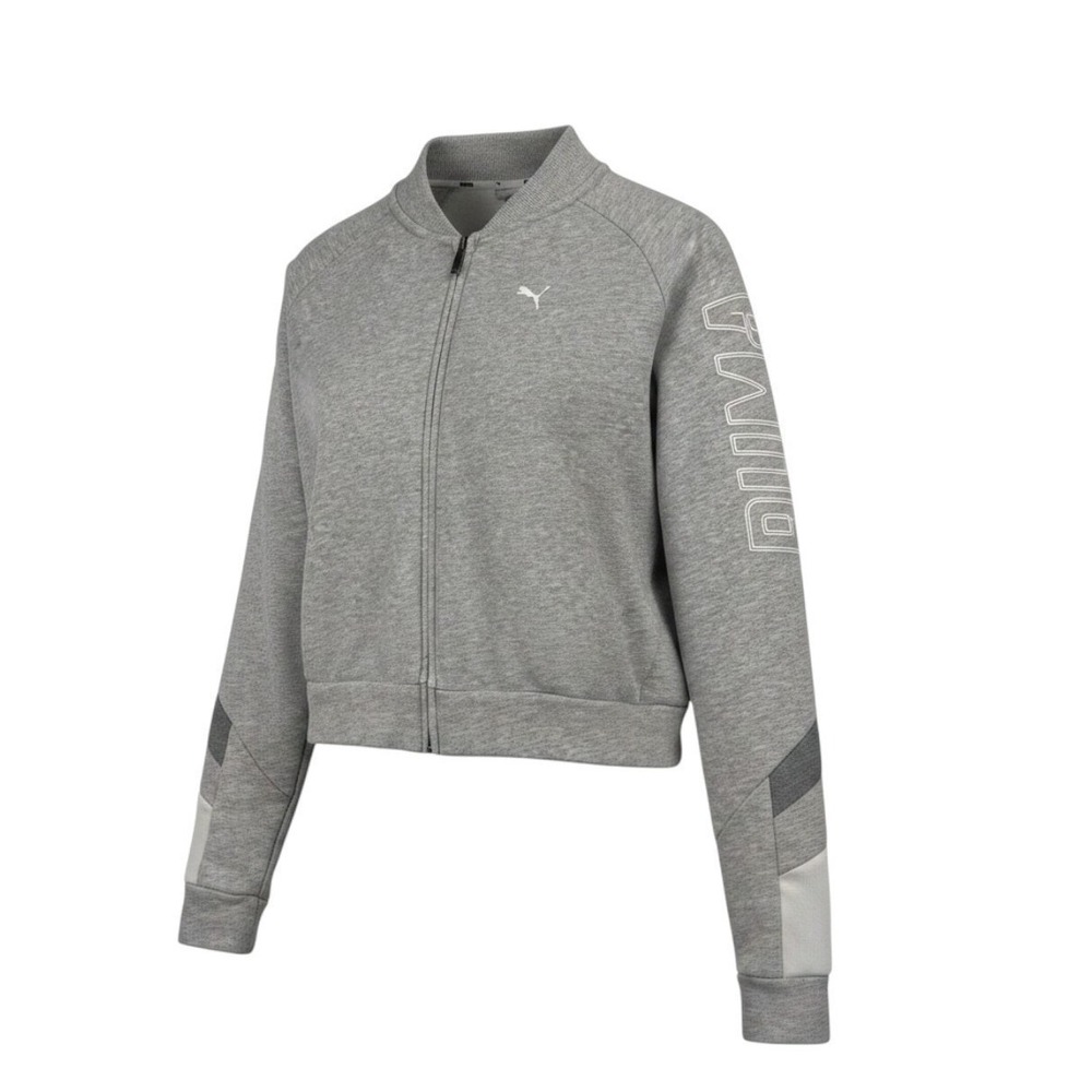 Puma Full Zip Bomber Jacket Womens Gray Cropped French Terry Logo Graphic XS